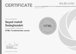 مدرک دوره HTML گذرانده شده در موسسه بین المللی SoloLearn
